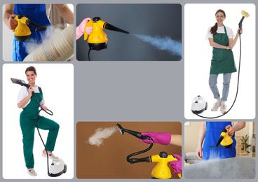 Image of Photos of janitors with steam cleaners combined into collage. Space for text