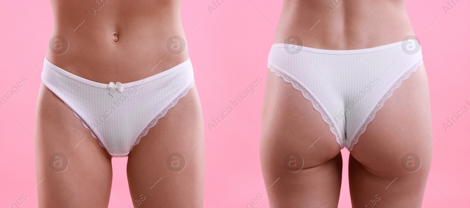 Woman in white underwear on pink background, closeup. Front and back view, collage Image of Woman in white underwear on pink background, closeup. Front and back view, collage