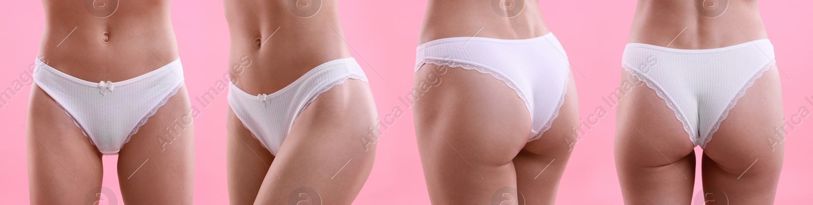 Woman in white underwear on pink background, closeup. View from different sides, collage Image of Woman in white underwear on pink background, closeup. View from different sides, collage