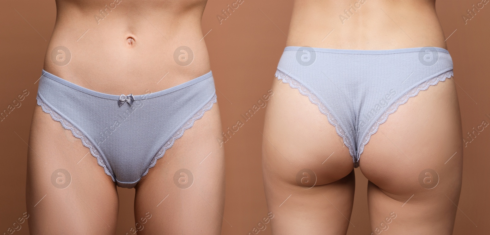 Woman in grey underwear on brown background, closeup. Front and back view, collage Image of Woman in grey underwear on brown background, closeup. Front and back view, collage