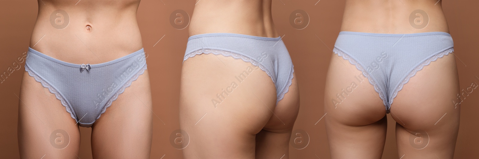 Woman in underwear on brown background, closeup. View from different sides, collage Image of Woman in underwear on brown background, closeup. View from different sides, collage