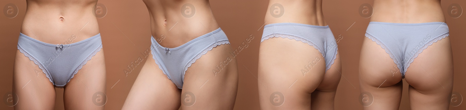 Woman in underwear on brown background, closeup. View from different sides, collage Image of Woman in underwear on brown background, closeup. View from different sides, collage