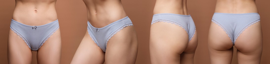 Image of Woman in underwear on brown background, closeup. View from different sides, collage