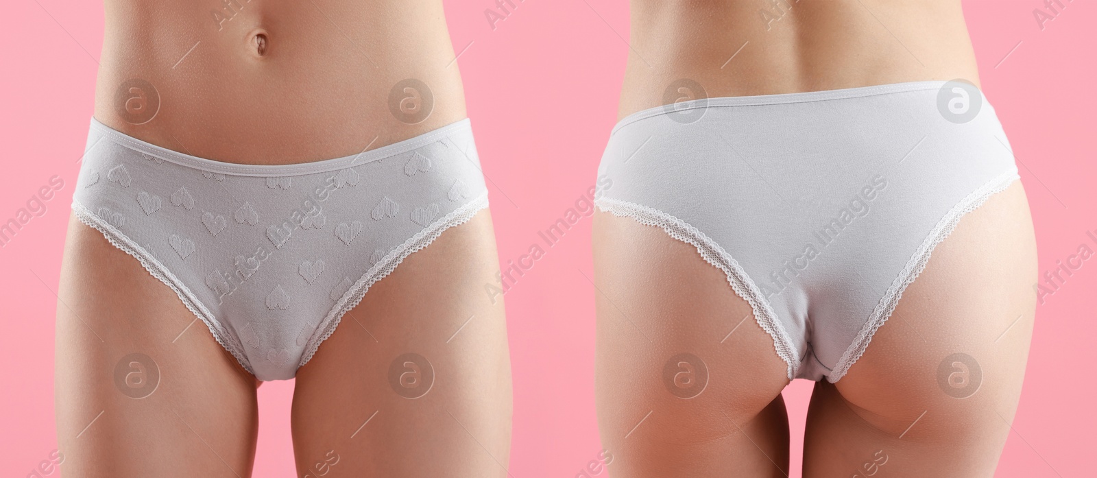Woman in white underwear on pink background, closeup. Front and back view, collage Image of Woman in white underwear on pink background, closeup. Front and back view, collage