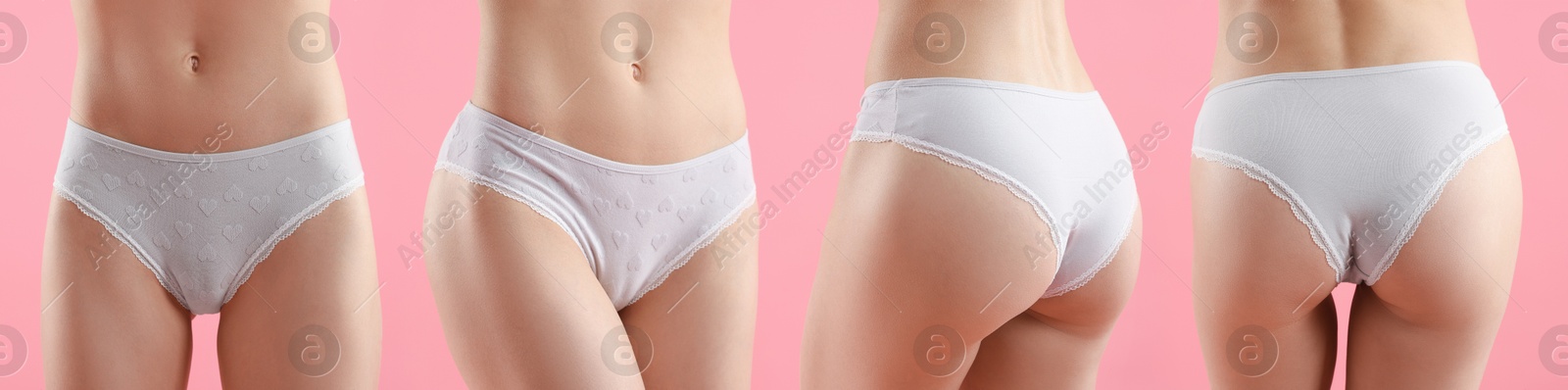 Woman in white underwear on pink background, closeup. View from different sides, collage Image of Woman in white underwear on pink background, closeup. View from different sides, collage
