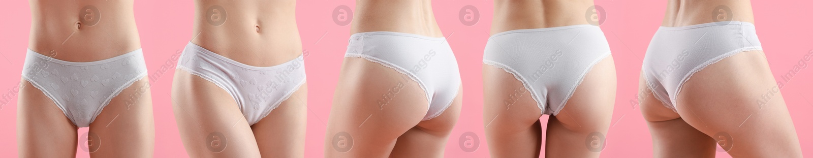 Woman in white underwear on pink background, closeup. View from different sides, collage Image of Woman in white underwear on pink background, closeup. View from different sides, collage