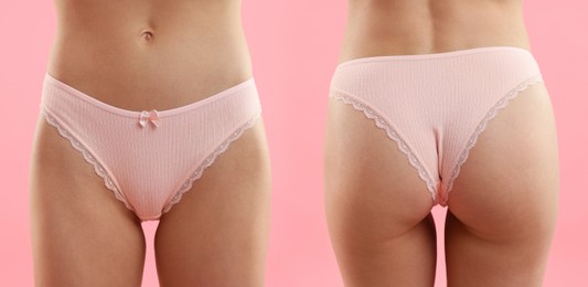 Image of Woman in beautiful underwear on pink background, closeup. Front and back view, collage
