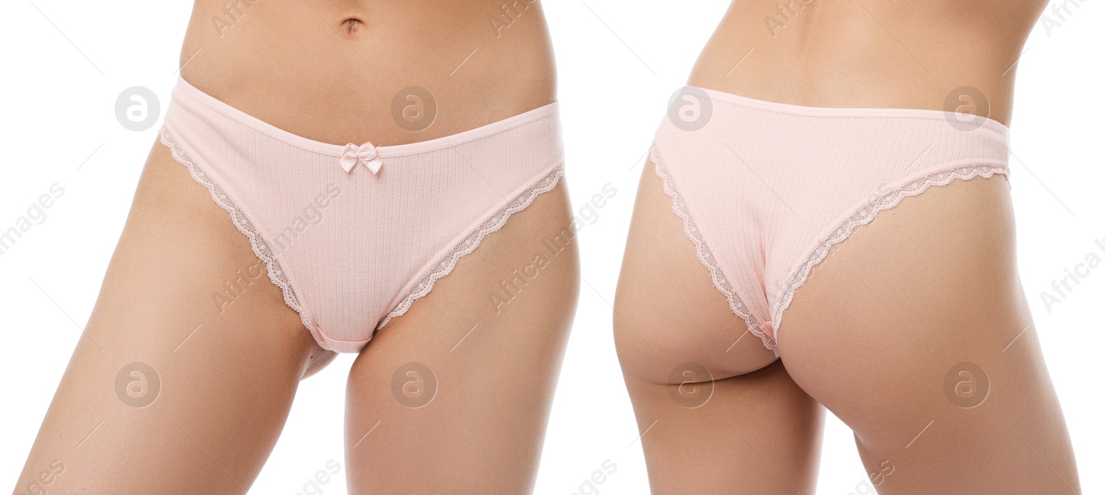 Woman in underwear on white background, closeup. Front and back view, collage Image of Woman in underwear on white background, closeup. Front and back view, collage