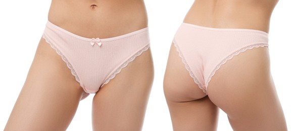 Image of Woman in underwear on white background, closeup. Front and back view, collage