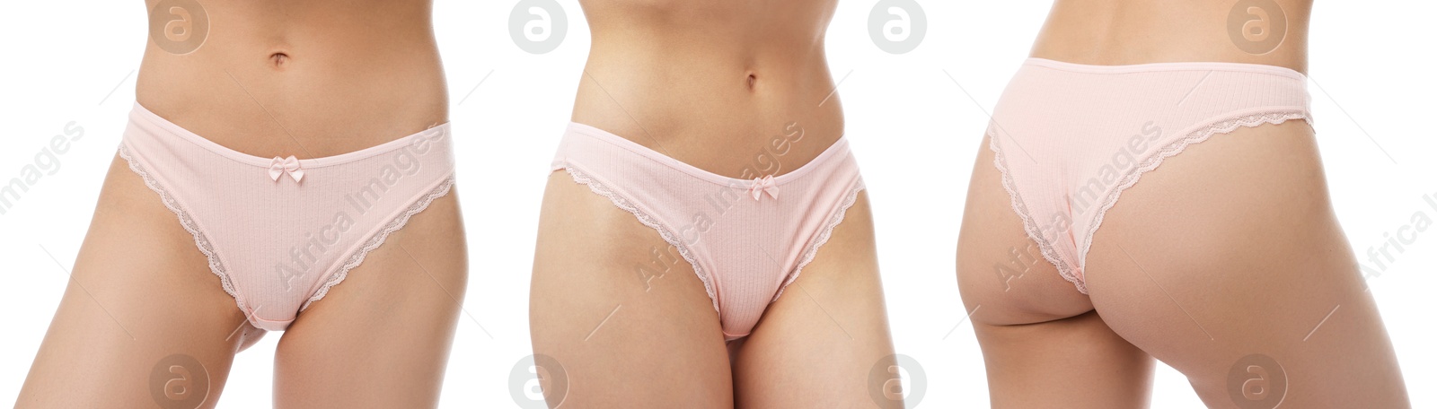 Woman in underwear on white background, closeup. View from different sides, collage Image of Woman in underwear on white background, closeup. View from different sides, collage