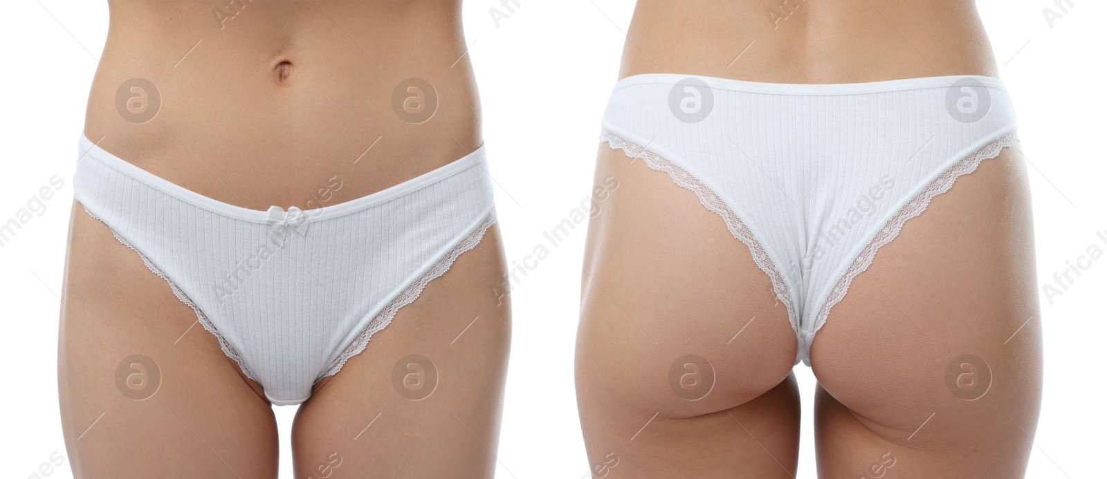 Woman in underwear on white background, closeup. Front and back view, collage Image of Woman in underwear on white background, closeup. Front and back view, collage