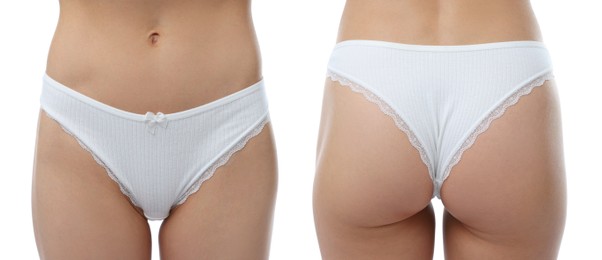Image of Woman in underwear on white background, closeup. Front and back view, collage