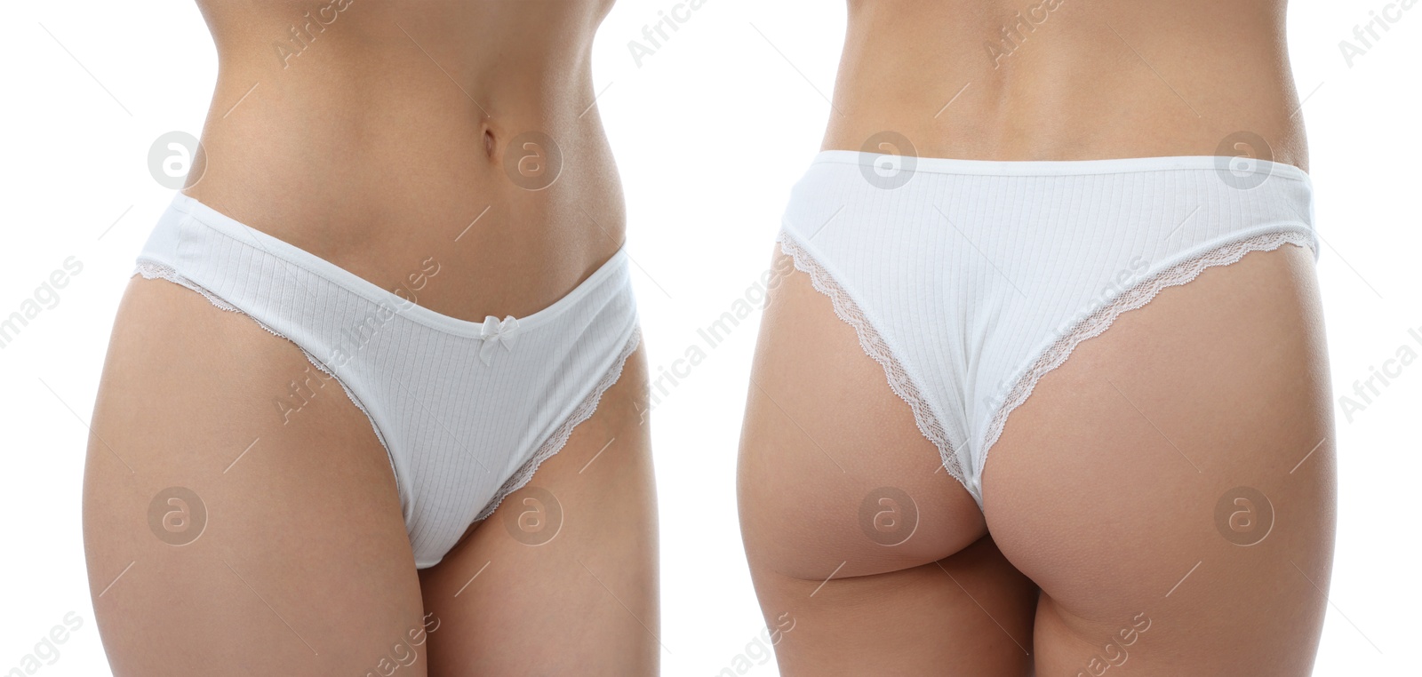 Woman in underwear on white background, closeup. Front and back view, collage Image of Woman in underwear on white background, closeup. Front and back view, collage