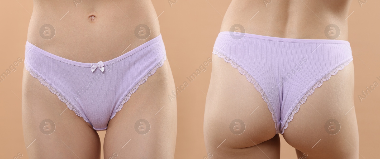 Woman in beautiful underwear on beige background, closeup. Front and back view, collage Image of Woman in beautiful underwear on beige background, closeup. Front and back view, collage