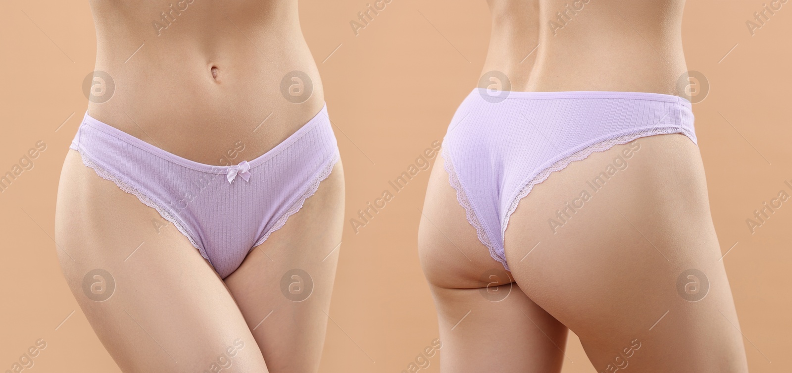 Woman in beautiful underwear on beige background, closeup. Front and back view, collage Image of Woman in beautiful underwear on beige background, closeup. Front and back view, collage