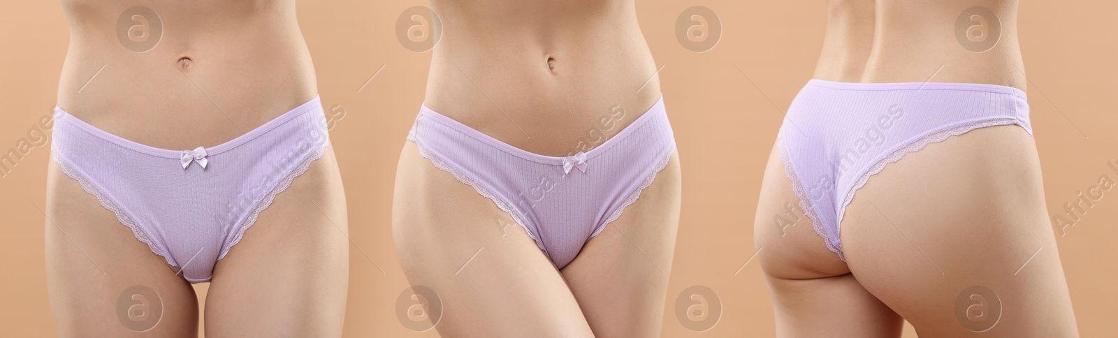 Woman in beautiful underwear on beige background, closeup. View from different sides, collage Image of Woman in beautiful underwear on beige background, closeup. View from different sides, collage