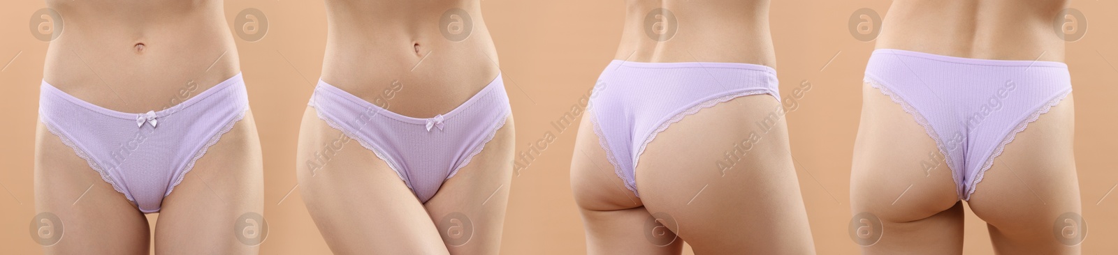 Woman in beautiful underwear on beige background, closeup. View from different sides, collage Image of Woman in beautiful underwear on beige background, closeup. View from different sides, collage
