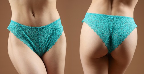 Image of Woman in turquoise underwear on brown background, closeup. Front and back view, collage