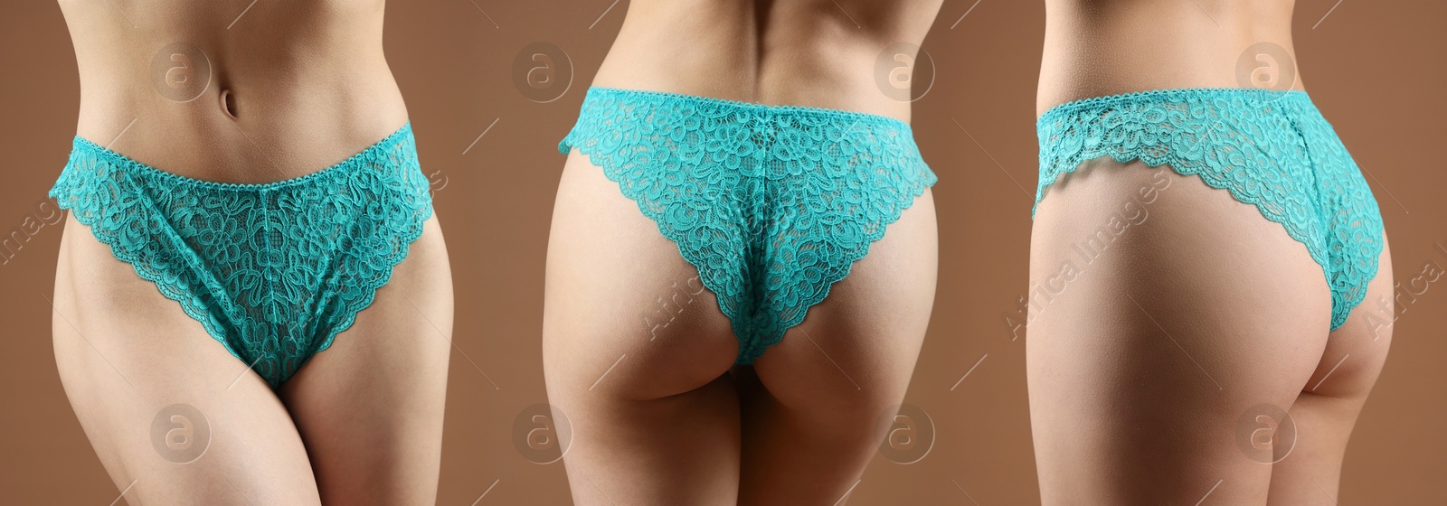 Woman in turquoise underwear on brown background, closeup. View from different sides, collage Image of Woman in turquoise underwear on brown background, closeup. View from different sides, collage