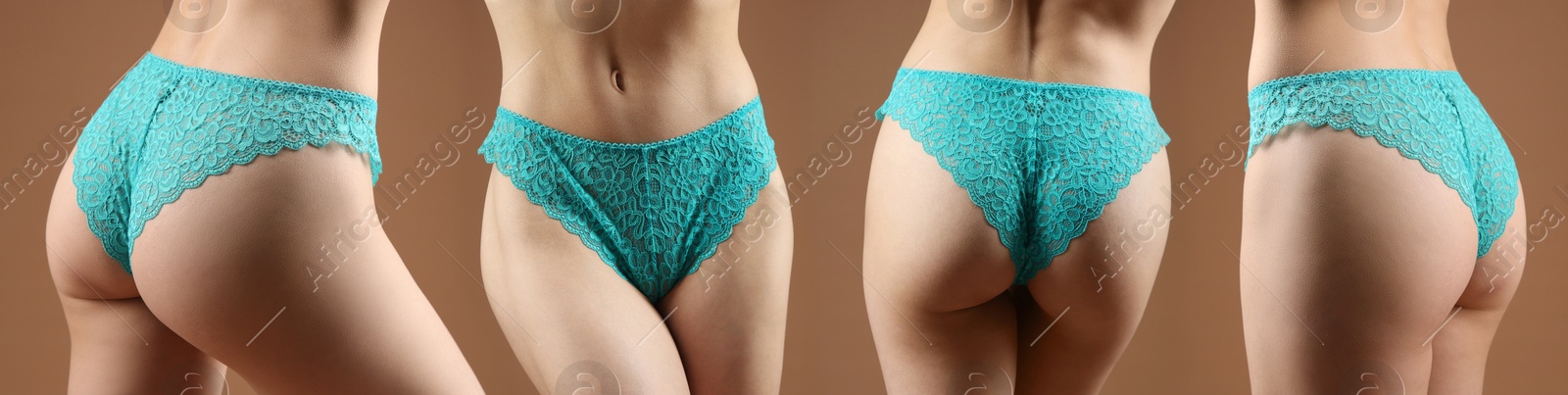 Woman in turquoise underwear on brown background, closeup. View from different sides, collage Image of Woman in turquoise underwear on brown background, closeup. View from different sides, collage