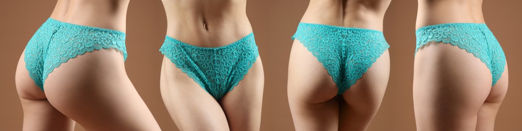 Image of Woman in turquoise underwear on brown background, closeup. View from different sides, collage