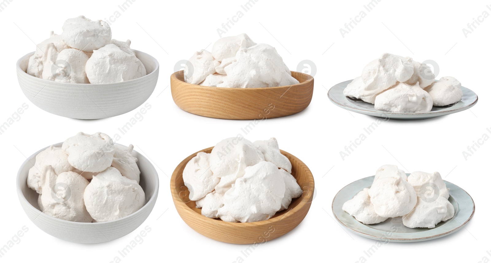 Yummy meringue cookies isolated on white, collage Image of Yummy meringue cookies isolated on white, collage