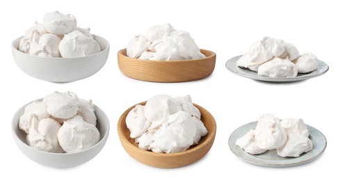 Image of Yummy meringue cookies isolated on white, collage