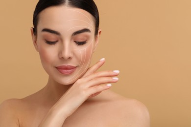 Image of Woman with perfect skin after collagen treatment on dark beige background, space for text. Lines on her face illustrating lifting and smoothing effect