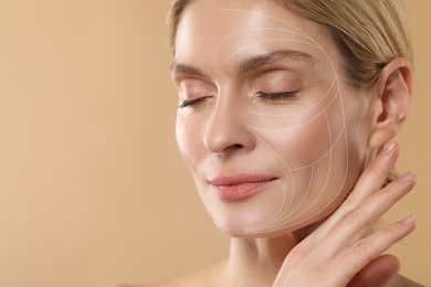 Image of Woman with perfect skin after collagen treatment on dark beige background, space for text. Lines on her face illustrating lifting and smoothing effect
