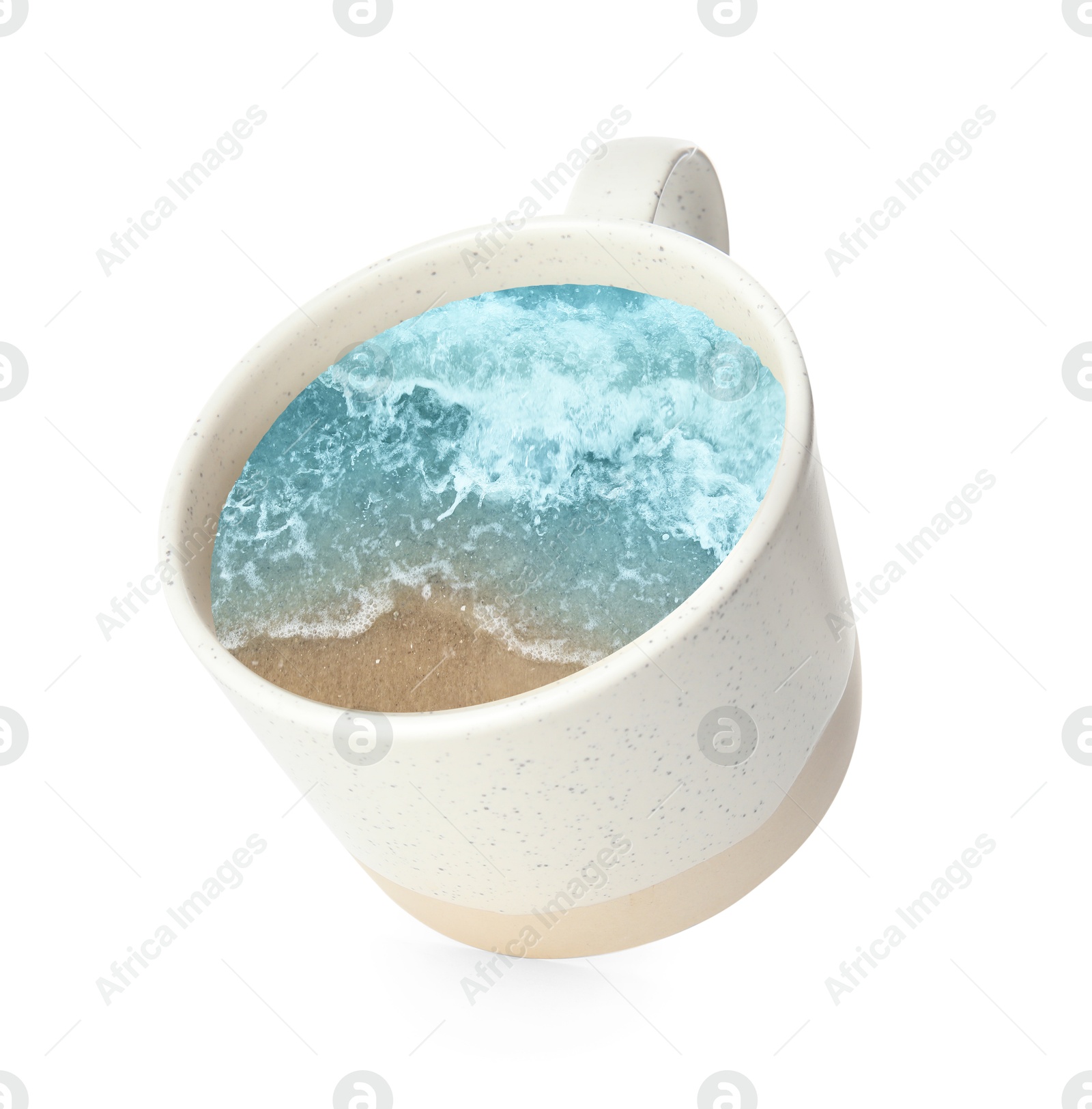 Image of Ocean waves rolling onto sandy beach inside ceramic cup on white background