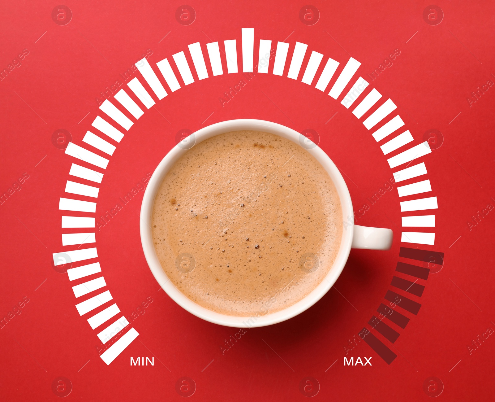 Coffee and power gauge scale on red background, top view. Handle of cup pointing at maximum area. Energizing property of caffeine Image of Coffee and power gauge scale on red background, top view. Handle of cup pointing at maximum area. Energizing property of caffeine