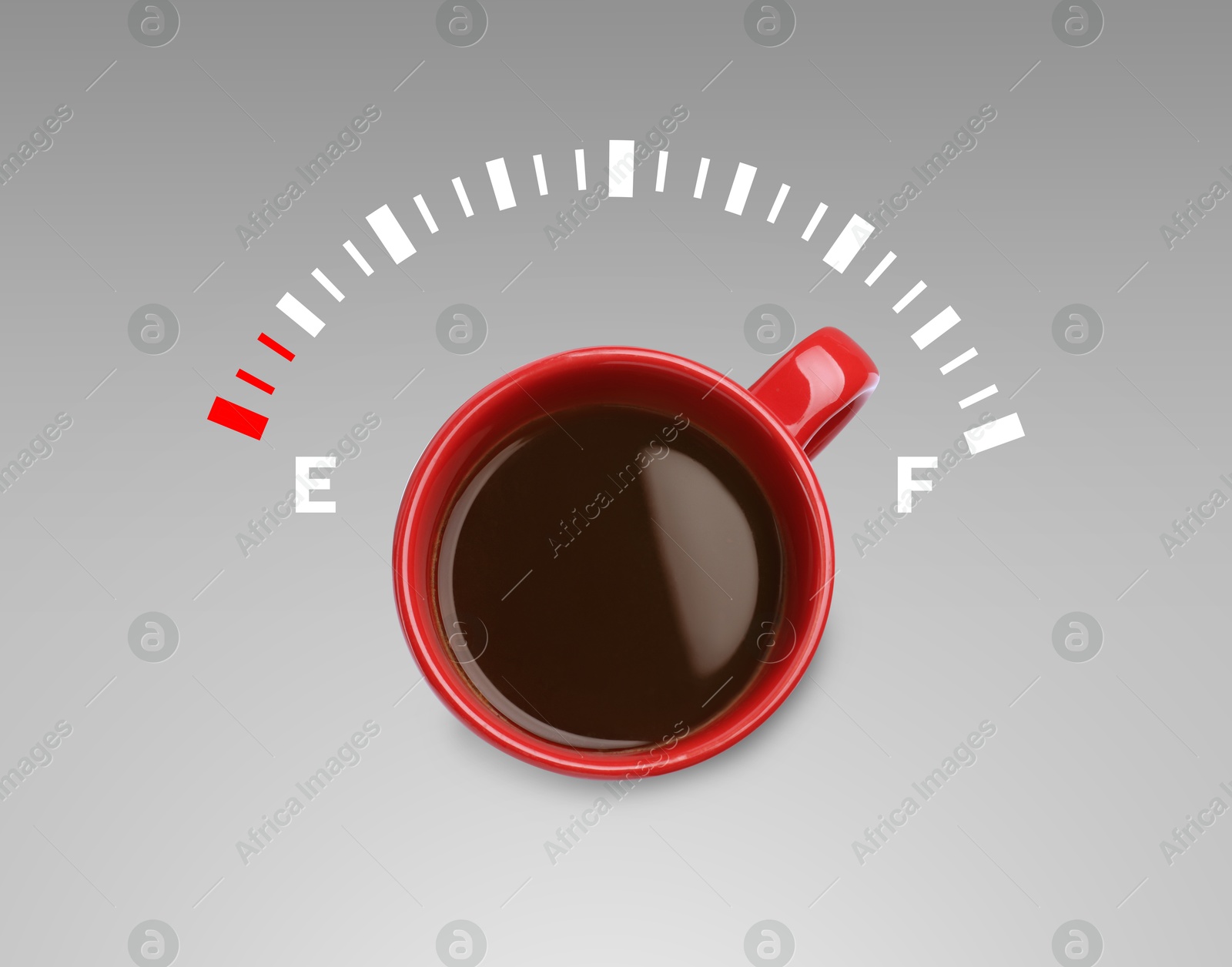 Coffee and fuel gauge scale on grey gradient background, top view. Handle of cup pointing at Full area. Energizing property of caffeine Image of Coffee and fuel gauge scale on grey gradient background, top view. Handle of cup pointing at Full area. Energizing property of caffeine