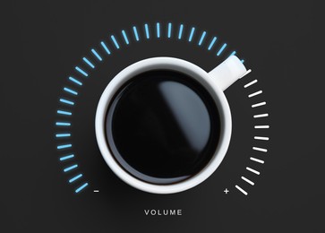 Image of Coffee and volume of energy gauge scale on dark grey background, top view. Stimulating property of caffeine