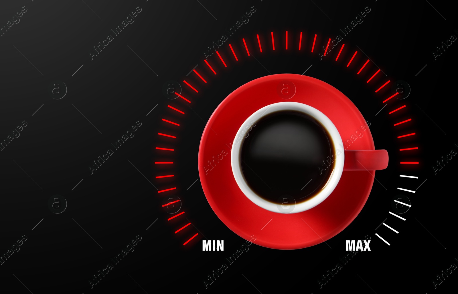 Coffee and power gauge scale on black background, top view. Handle of cup pointing at maximum area. Energizing property of caffeine Image of Coffee and power gauge scale on black background, top view. Handle of cup pointing at maximum area. Energizing property of caffeine