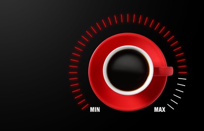 Image of Coffee and power gauge scale on black background, top view. Handle of cup pointing at maximum area. Energizing property of caffeine