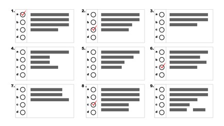 Illustration of Online test form with checkboxes and some ticks on white background