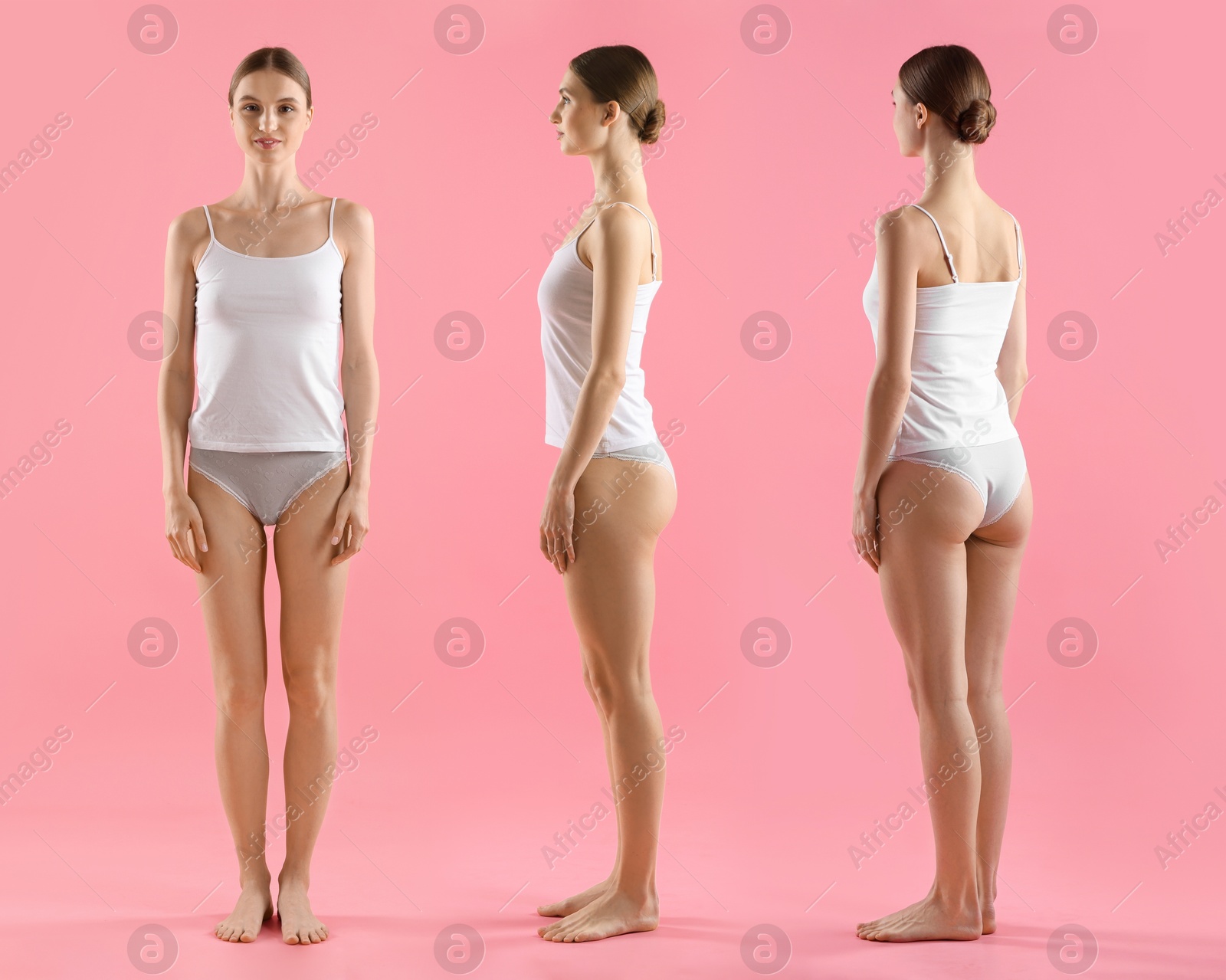 Young woman in underwear on pink background, collage. View from different sides Image of Young woman in underwear on pink background, collage. View from different sides