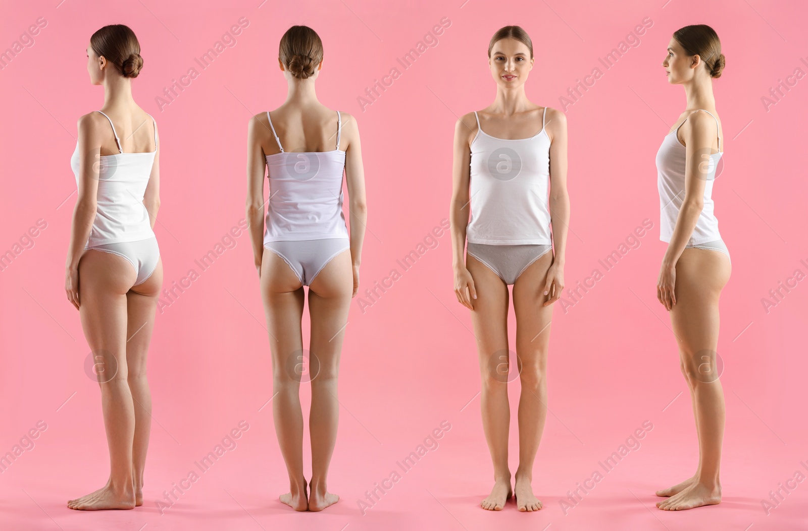 Young woman in underwear on pink background, collage. View from different sides Image of Young woman in underwear on pink background, collage. View from different sides