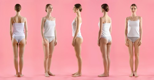 Image of Young woman in underwear on pink background, collage. View from different sides