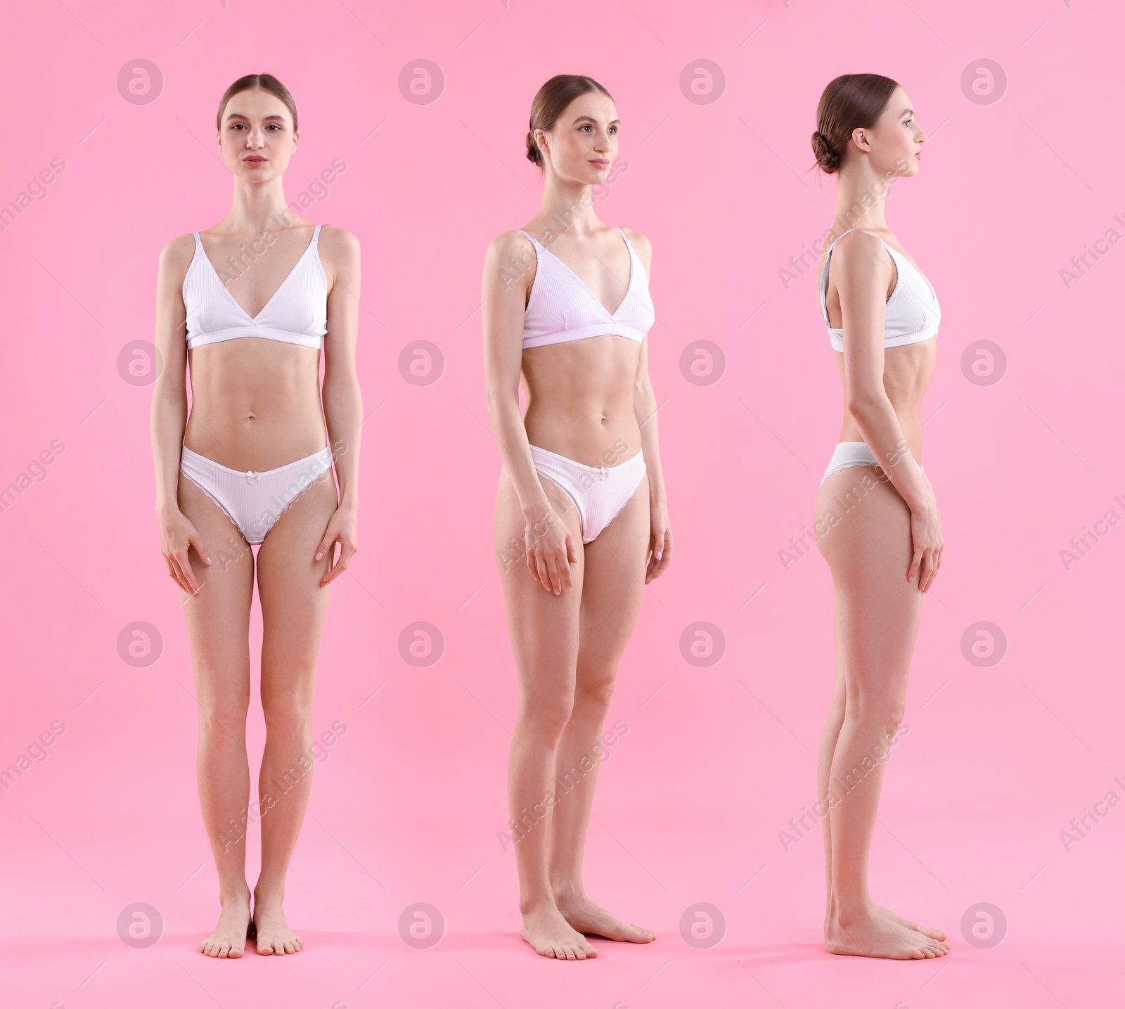 Young woman in underwear on pink background, collage. View from different sides Image of Young woman in underwear on pink background, collage. View from different sides