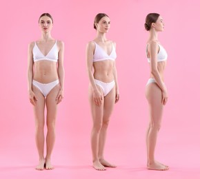 Image of Young woman in underwear on pink background, collage. View from different sides