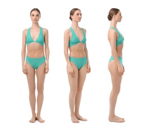 Image of Young woman in turquoise underwear on white background, collage. View from different sides