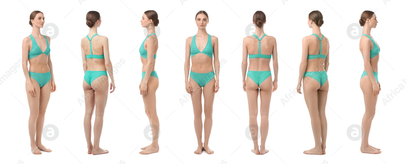 Young woman in turquoise underwear on white background, collage. View from different sides Image of Young woman in turquoise underwear on white background, collage. View from different sides