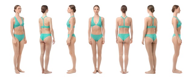 Image of Young woman in turquoise underwear on white background, collage. View from different sides