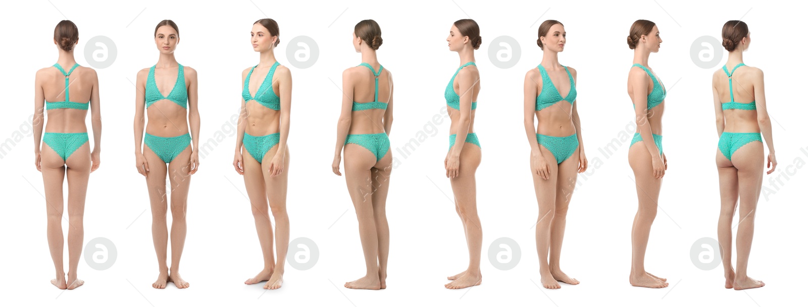 Young woman in turquoise underwear on white background, collage. View from different sides Image of Young woman in turquoise underwear on white background, collage. View from different sides