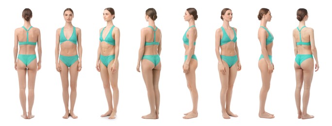 Image of Young woman in turquoise underwear on white background, collage. View from different sides