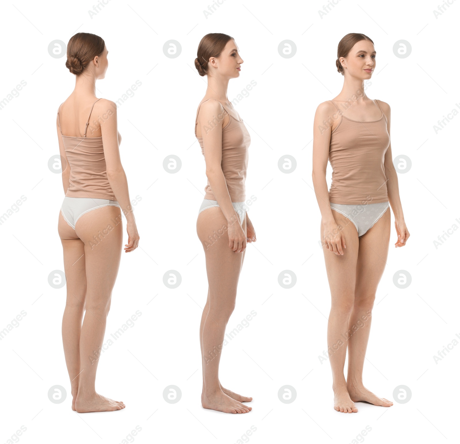 Young woman in underwear on white background, collage. View from different sides Image of Young woman in underwear on white background, collage. View from different sides