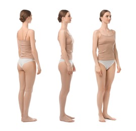 Image of Young woman in underwear on white background, collage. View from different sides