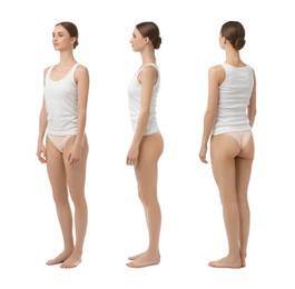 Image of Young woman in underwear on white background, collage. View from different sides