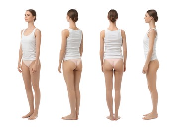 Image of Young woman in underwear on white background, collage. View from different sides